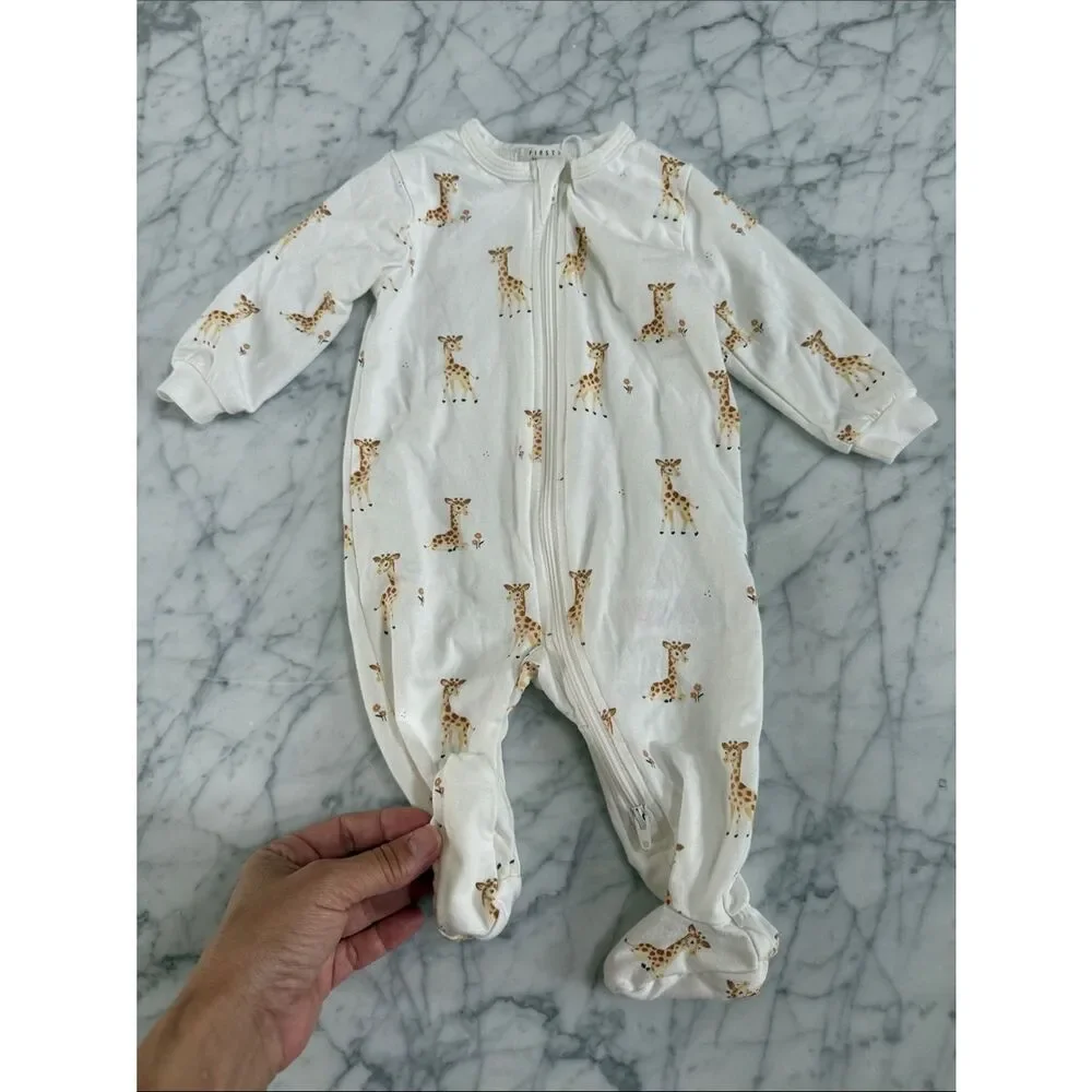 Firsts Petit Lem Giraffe-Print Footed Baby One-Piece Sz 3 Mo Organic NWOT